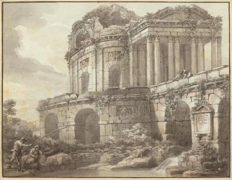 Rovine romane con un pescatore in un corso d'acqua e un'altra figura
